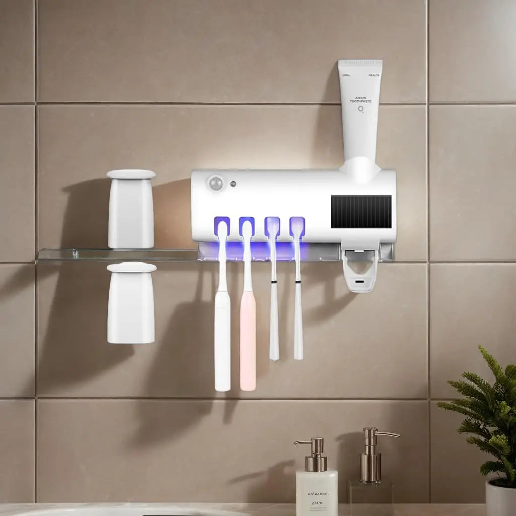 Wall mounted toothpaste dispenser with 4 toothbrush slots, toothbrush cleaning rack, bathroom accessories, no drilling required