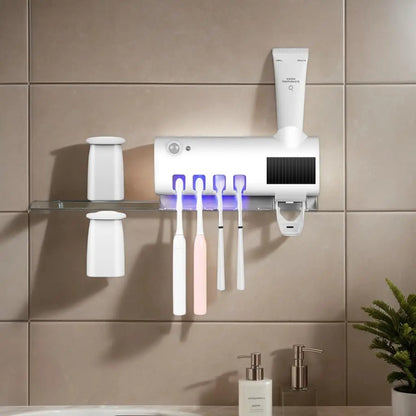 Wall mounted toothpaste dispenser with 4 toothbrush slots, toothbrush cleaning rack, bathroom accessories, no drilling required