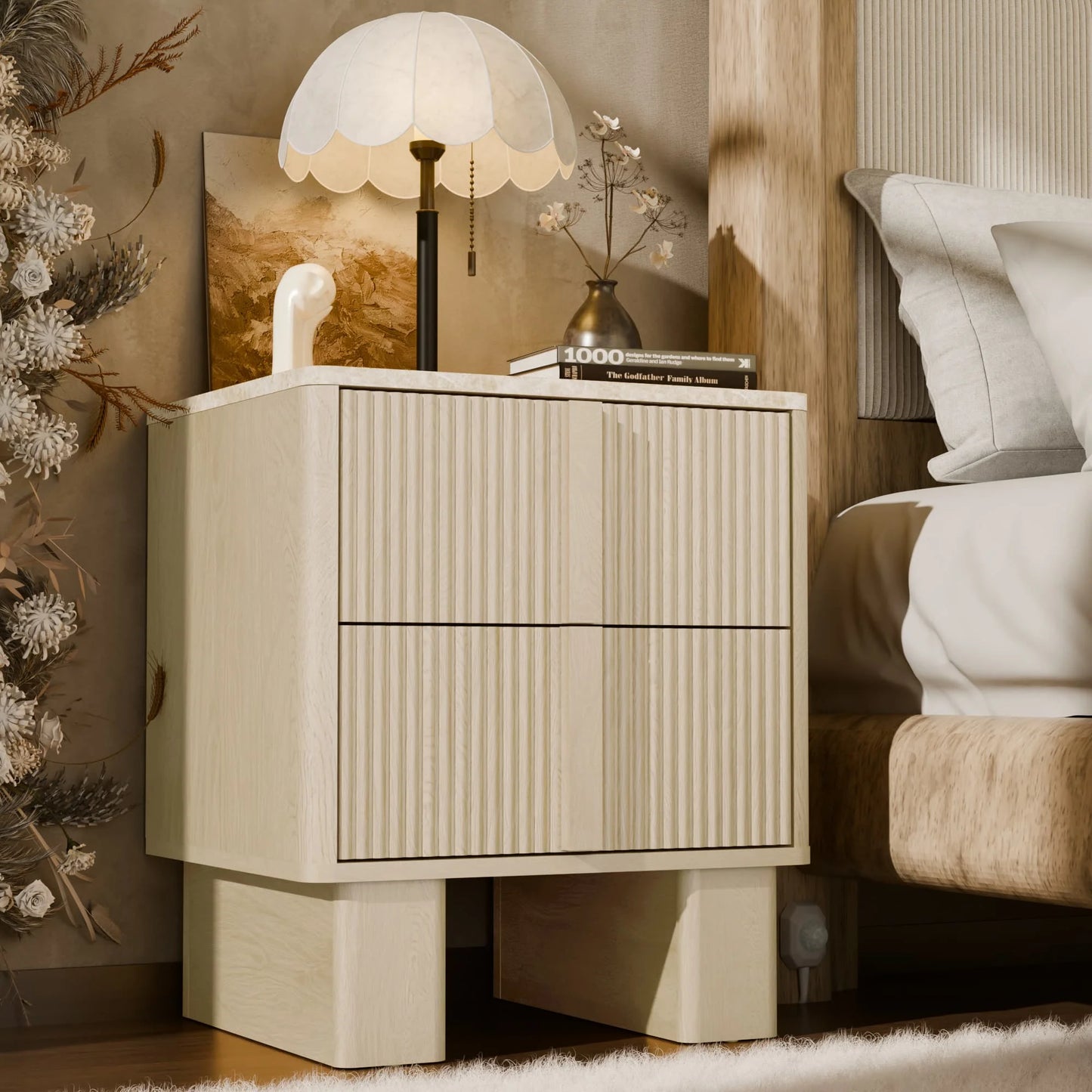 Set of 2 Fluted Nightstands w/ Charging, 2-Drawer End Tables w/ Reinforced Legs, Whitewashed Oak for Bedroom