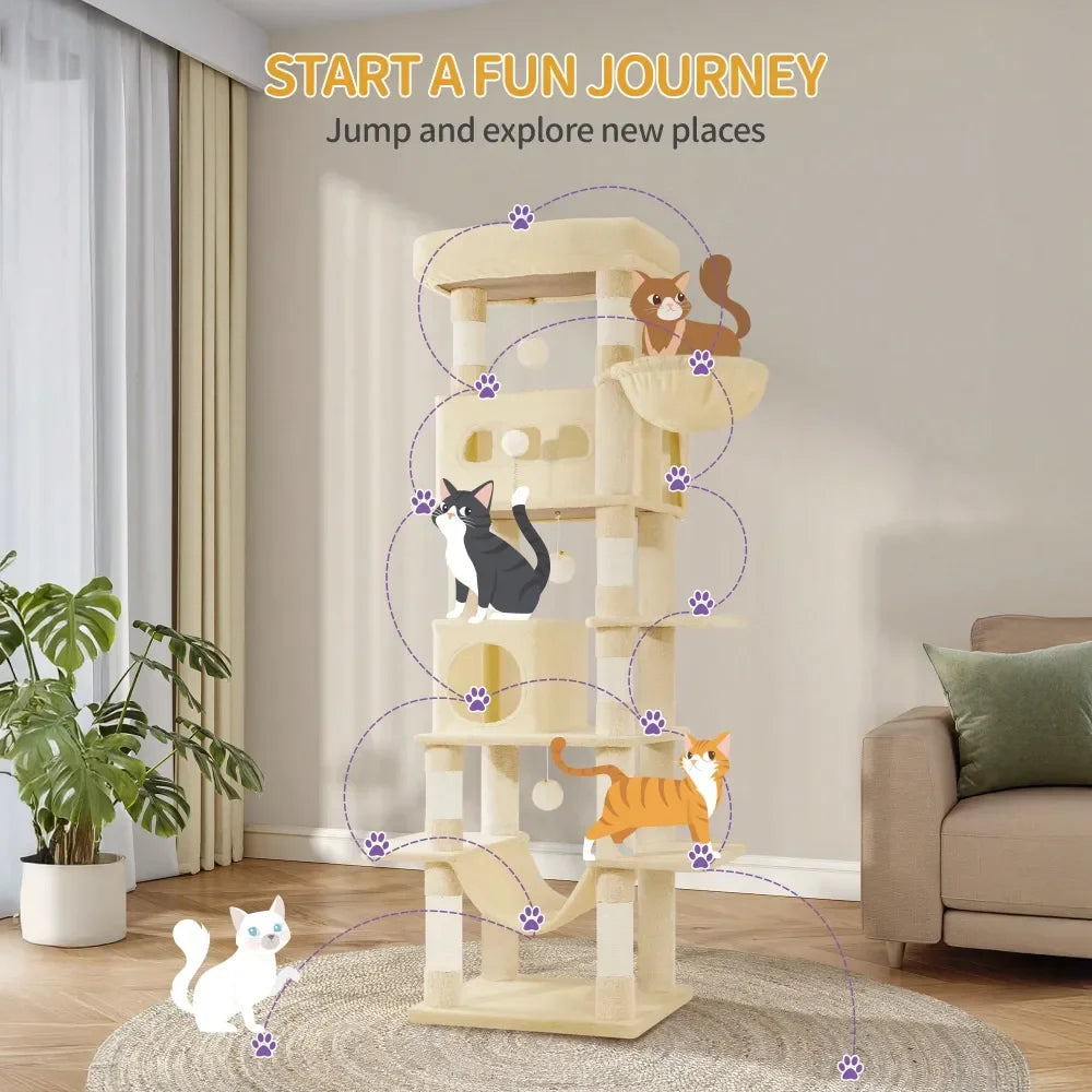 Cat Tree, 67 Large Tall Cat Tower For Indoor Cats, MultiLevel Cats House With Condo, 8 ching Posts, Hammock, 4 Pom Poms, B