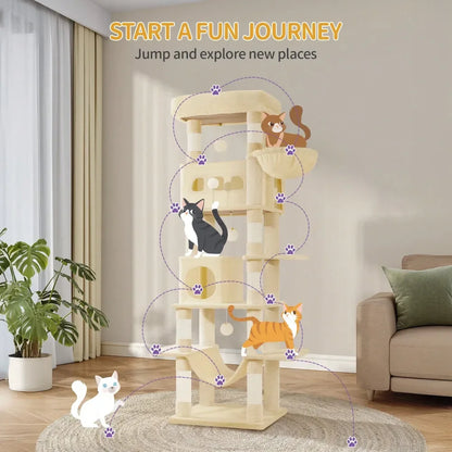 Cat Tree, 67 Large Tall Cat Tower For Indoor Cats, MultiLevel Cats House With Condo, 8 ching Posts, Hammock, 4 Pom Poms, B