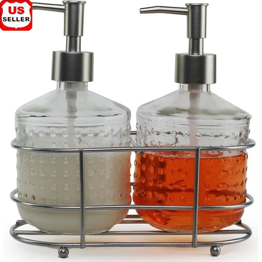 Metal Caddy Dispenser Bottle Pumps Set of 2 Stylish Glass Bathroom Accessories
