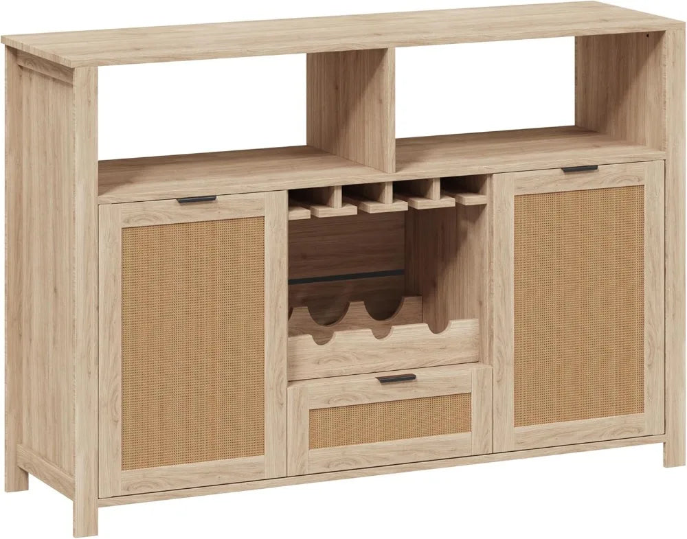 51" Rattan Buffet Cabinet with Wine Rack & Glass Holders, Farmhouse Sideboard for Living Room