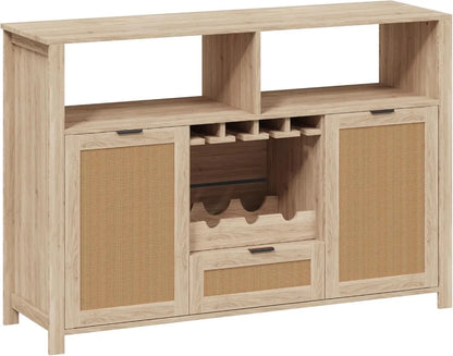 51" Rattan Buffet Cabinet with Wine Rack & Glass Holders, Farmhouse Sideboard for Living Room