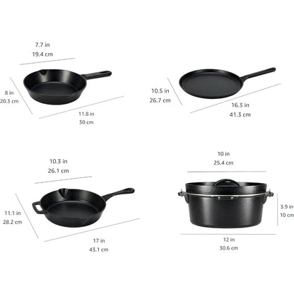 cast iron Pre-Seasoned Cast Iron 5 Pieces Kitchen Pots and Pans Cookware Set, Black, 14.17 x 12.2 x 10.63 in