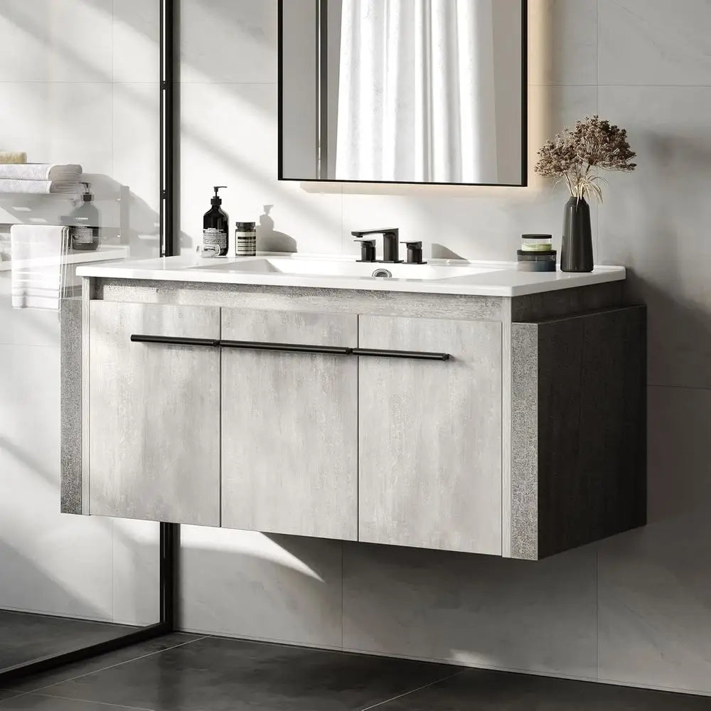 36 Inch Floating Vanity Bathroom with Sink Combo, Grey Wall Mounted Modern Vanity, Bathroom Cabinet Vanity with Soft-Closing Thr