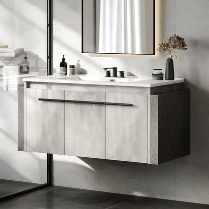 36 Inch Floating Vanity Bathroom with Sink Combo, Grey Wall Mounted Modern Vanity, Bathroom Cabinet Vanity with Soft-Closing Thr