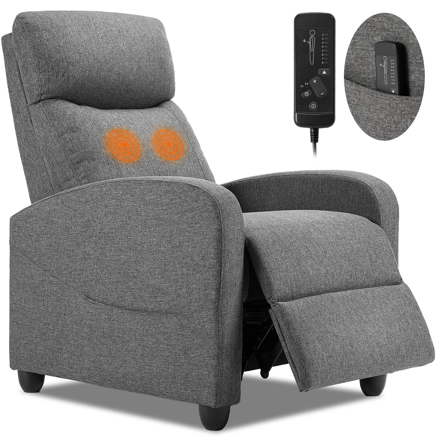 Recliner Chair Massage Sofa Fabric Theater Lumbar Support Adjustable Modern Padded Seat Backrest Living Room Home Grey