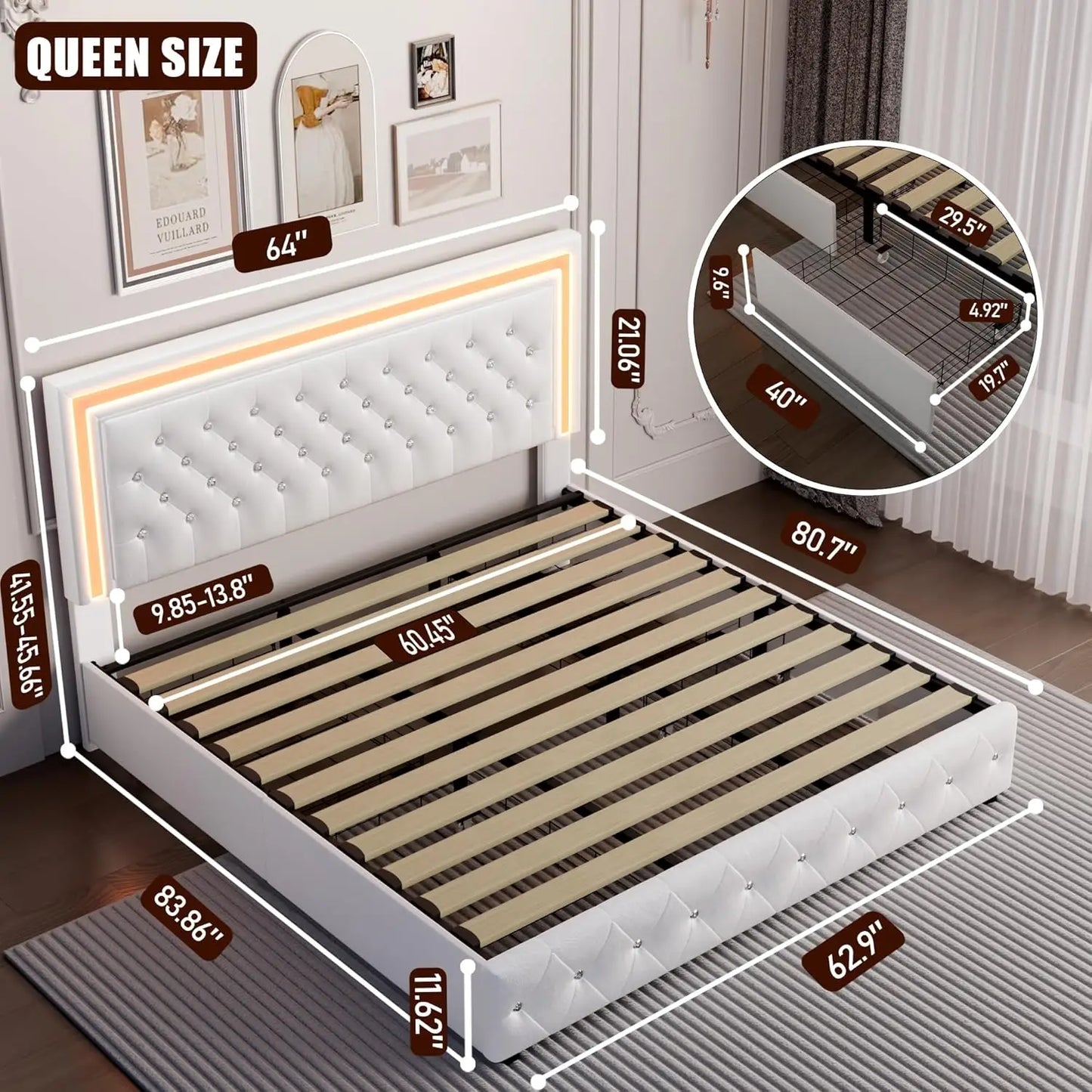 Queen LED Platform Bed Frame with 4 Storage, PU Leather, No Box Spring, Easy Assembly, 900lbs Capacity