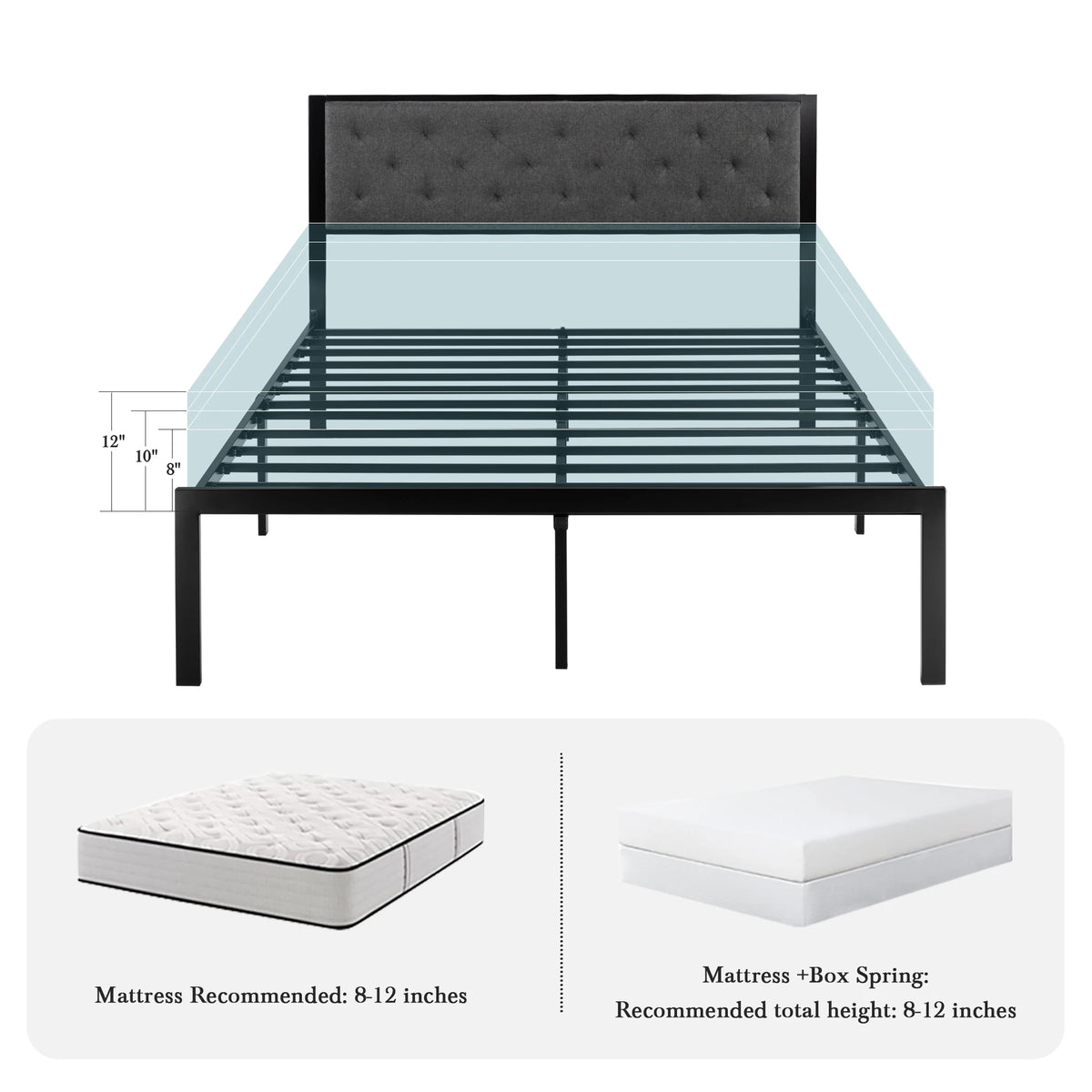 Metal Bed Frame with Upholstered Finely Stitched Headboard, , Sturdy Foundation, No Box Spring Needed