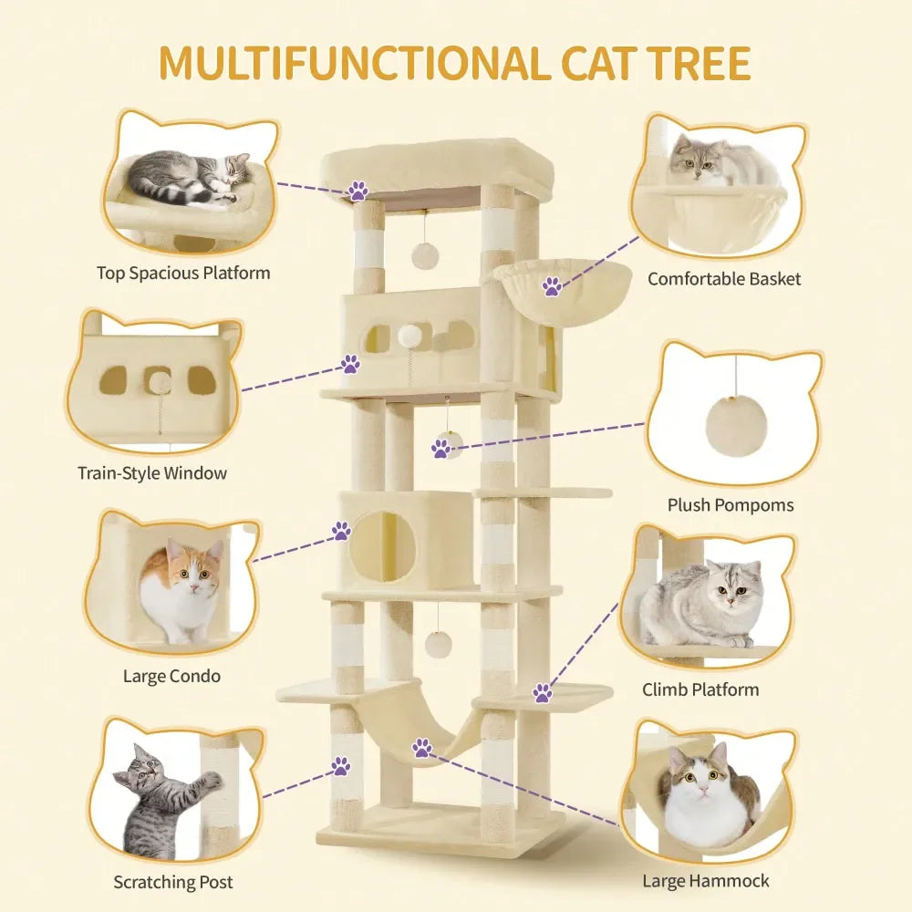 Cat Tree, 67 Large Tall Cat Tower For Indoor Cats, MultiLevel Cats House With Condo, 8 ching Posts, Hammock, 4 Pom Poms, B