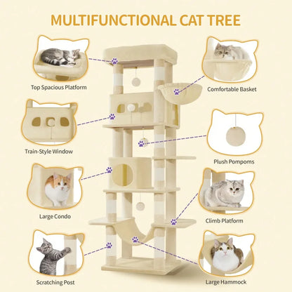 Cat Tree, 67 Large Tall Cat Tower For Indoor Cats, MultiLevel Cats House With Condo, 8 ching Posts, Hammock, 4 Pom Poms, B