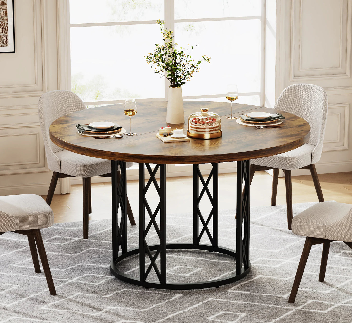 Round Dining Table for 4-6 People, 47-Inch Farmhouse Dinning Room Table Circle Kitchen Table, Industrial Dinner Table