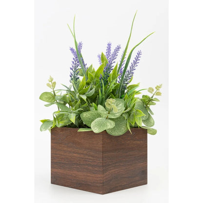 12 Inch Artificial Lavender Plant in Brown Wood Box Lifelike Eucalyptus Fig Leaves Indoor Decoration Perfect Home Office Party