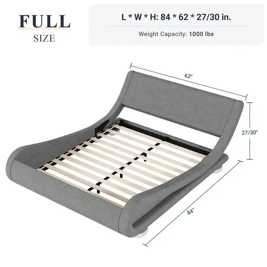 Full/QueenKing Size Bed Frame With Ergonomic & Adjustable Headboard, Low Profile Modern Upholstered Platform Sleigh Design - Easy Assembly, No Box Spring Required, Grey