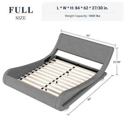 Full/QueenKing Size Bed Frame With Ergonomic & Adjustable Headboard, Low Profile Modern Upholstered Platform Sleigh Design - Easy Assembly, No Box Spring Required, Grey