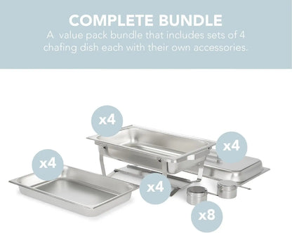 4 Pack 9.5QT Chafing Dish Full Set – Stainless Steel Catering Chafer with Lids, Pans & Fuel Holders – Buffet Food Warmers
