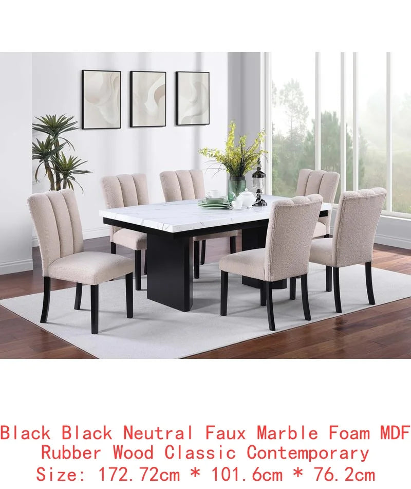 Classic Two-Tone White Faux Marble Top Dining Table with 6 Side Chairs, 7-Piece Set for Dining Room Decor