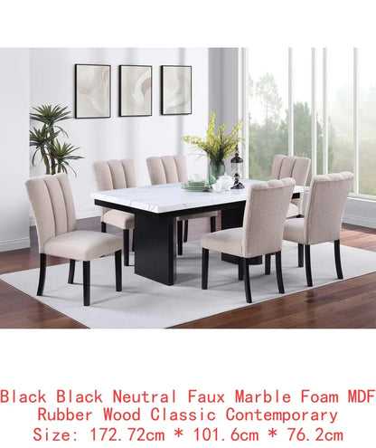 Classic Two-Tone White Faux Marble Top Dining Table with 6 Side Chairs, 7-Piece Set for Dining Room Decor