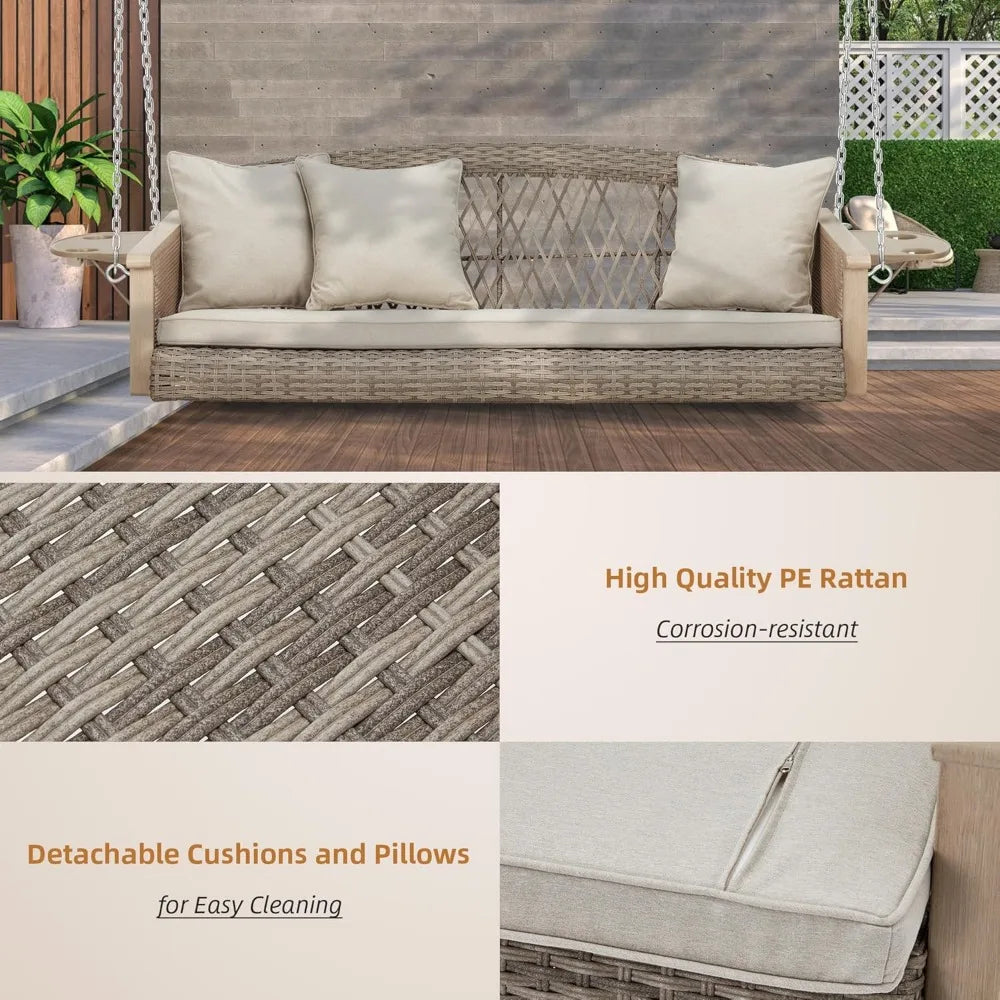 3-Person Wicker Porch Swing with Upgraded Cup Holder, 55 Inch Patio Hanging Swing Bench Chair with Cushions 900lbs Capacity