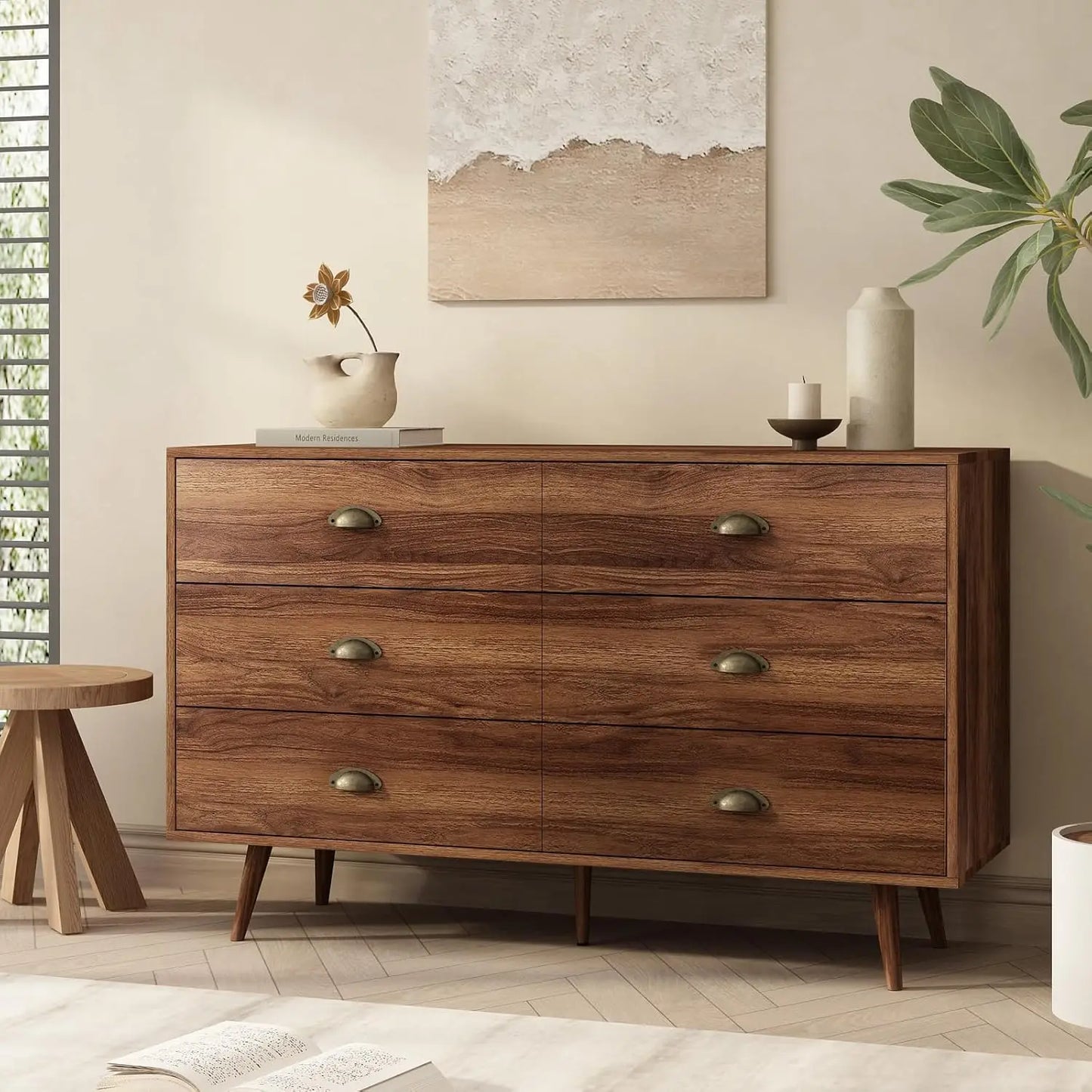 Walnut Brown Dresser for Bedroom, 6 Drawer Dresser with Wide Drawers and Metal Knob, Wood Dressers & Chest of Hallway, Entryway.