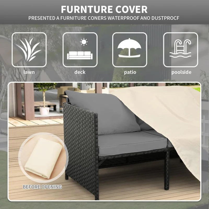 3-Piece Outdoor PE Rattan Furniture Set Patio Black Wicker Conversation Loveseat Sofa Sectional Couch Gray Cushion