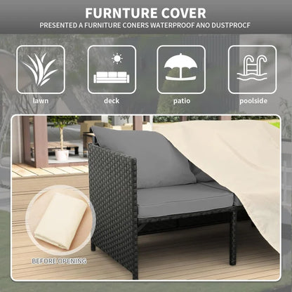 3-Piece Outdoor PE Rattan Furniture Set Patio Black Wicker Conversation Loveseat Sofa Sectional Couch Gray Cushion