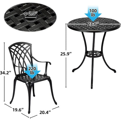 Cast Aluminum Patio Bistro Set with Umbrella Hole, 3 Piece Outdoor Bistro Set Rust-Resistant