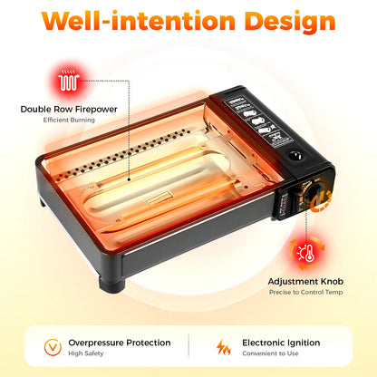 Portable Butane Camping Stove with Storage Box, Overpressure Protection & Adjustable Precise Heat Control for Outdoor Cooking