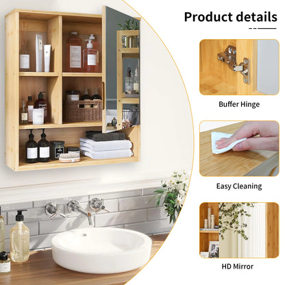 Bathroom Cabinet with Mirror Wall Bamboo Medicine Storage Shelves