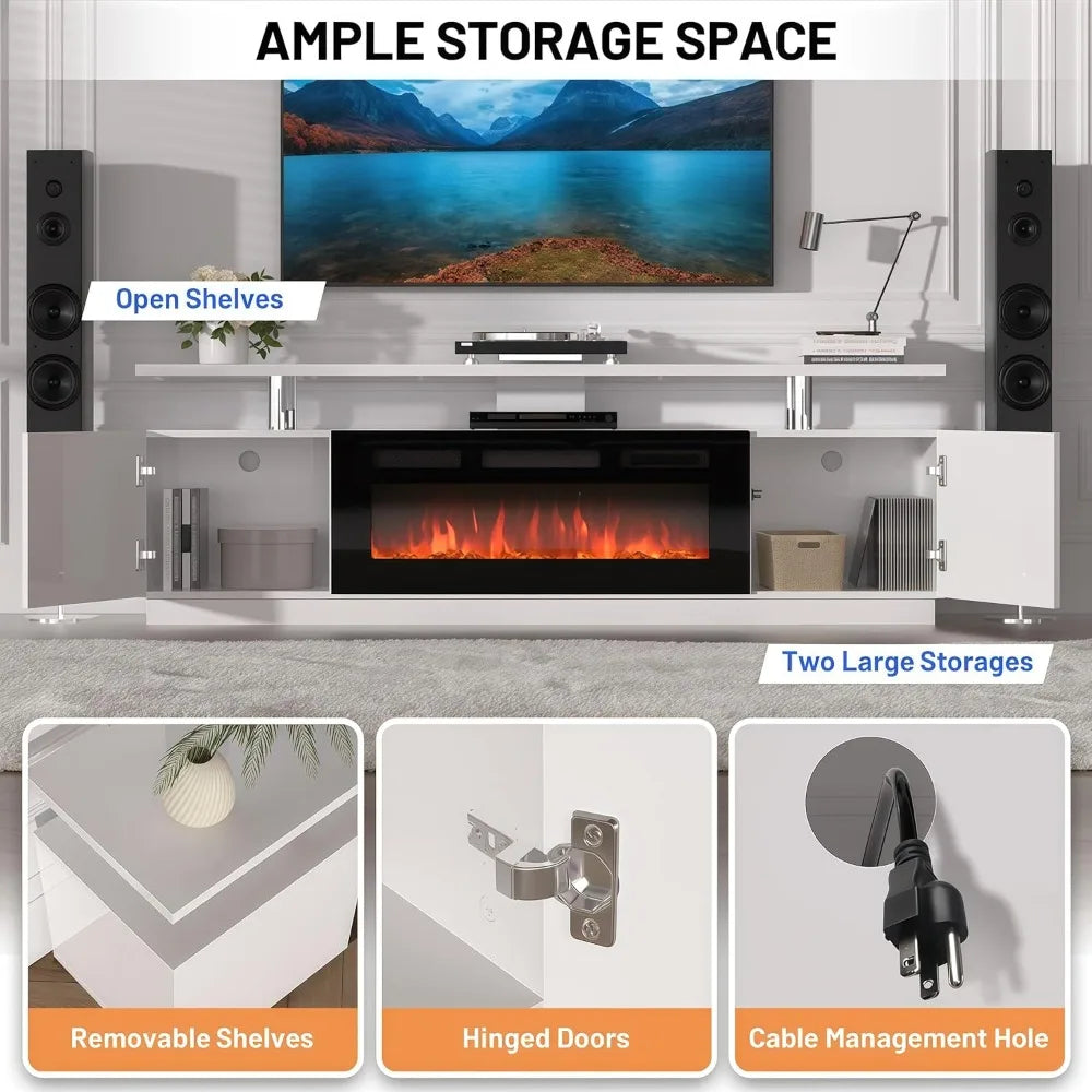 70" Fireplace TV Stand with 36" Electric Fireplace, LED Light Entertainment Center & Remote, for TVs Up to 80", 2-Tier Media