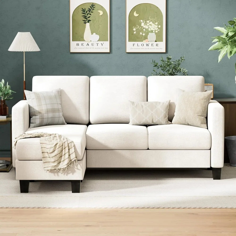 Convertible Sectional Sofa Couch, 3 Seat L-Shaped Sofa with Linen Fabric Ottoman