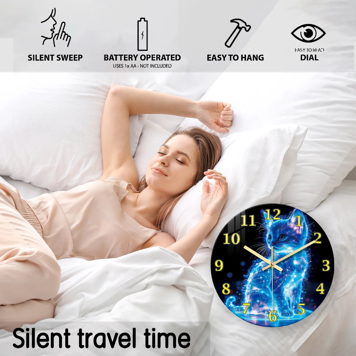 A Unique Neon Cat Tempered Glass Wall Clock, 12-24inch Round Cat-Themed Decorative Silent Clocks Powered by Batteries, Stunning Blue Galaxy Kitten Pattern, Perfect for Home and Kitchen Decoration, Also Suitable as a Valentine