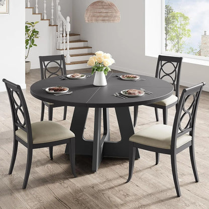 120 x 120 x 53 cm Round Dining Table for 4-6 People Space Saving Rustic Wooden Kitchen Table with Wood Base and Tabletop Black