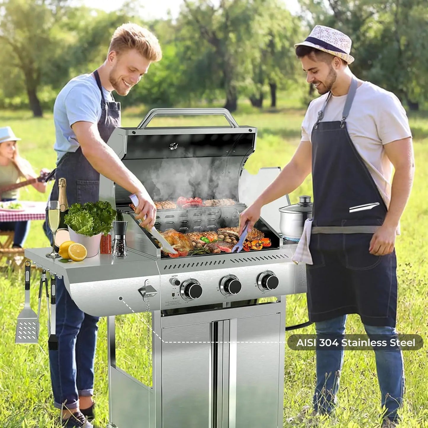 Outdoor Propane Gas Grill with 34,000 BTU Output, 3 Main Burners and a Side Burner, All Stainless Steel Construction, Cast Iron Cooking Grates, Portable Cart with Wheels, Perfect for Backyard, Patio, and Camping Barbecues