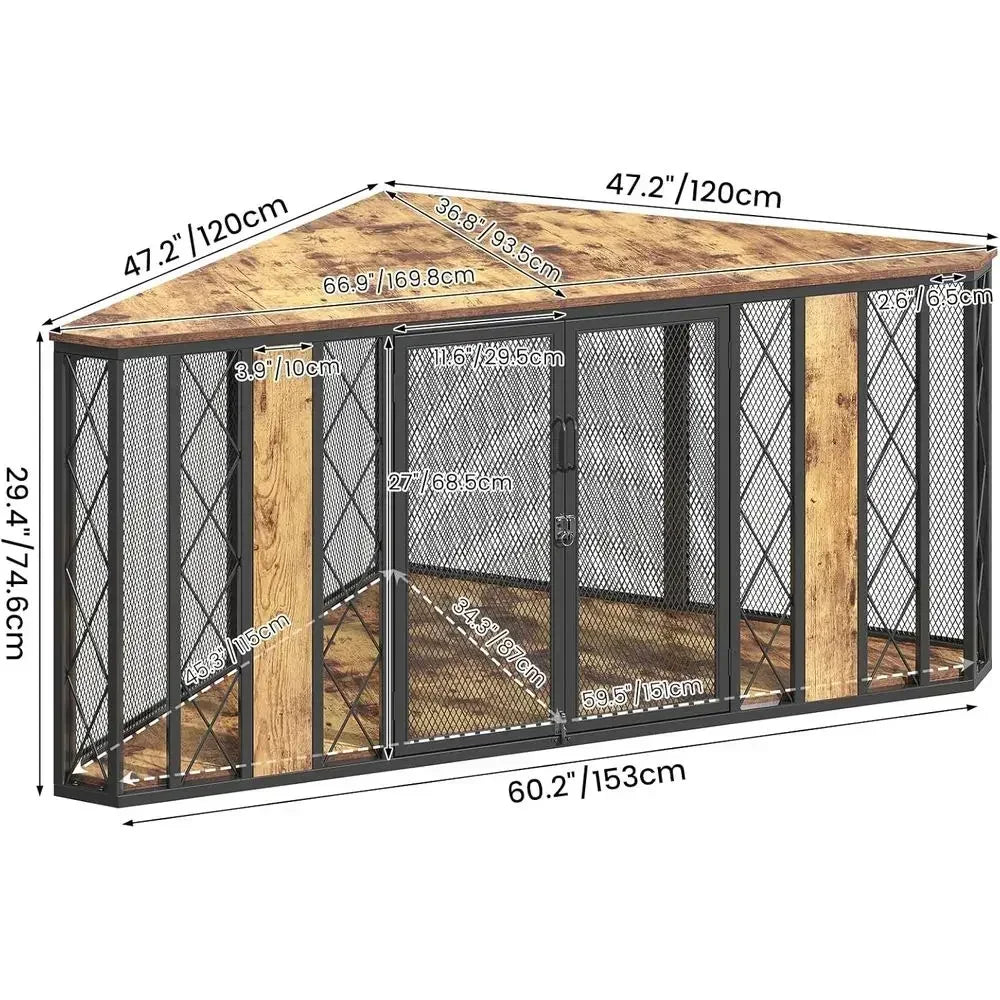 Large Wooden Dog Kennel Furniture, XL Dog Crate with 2 Doors, Decorative End Table for Small to Large Dogs