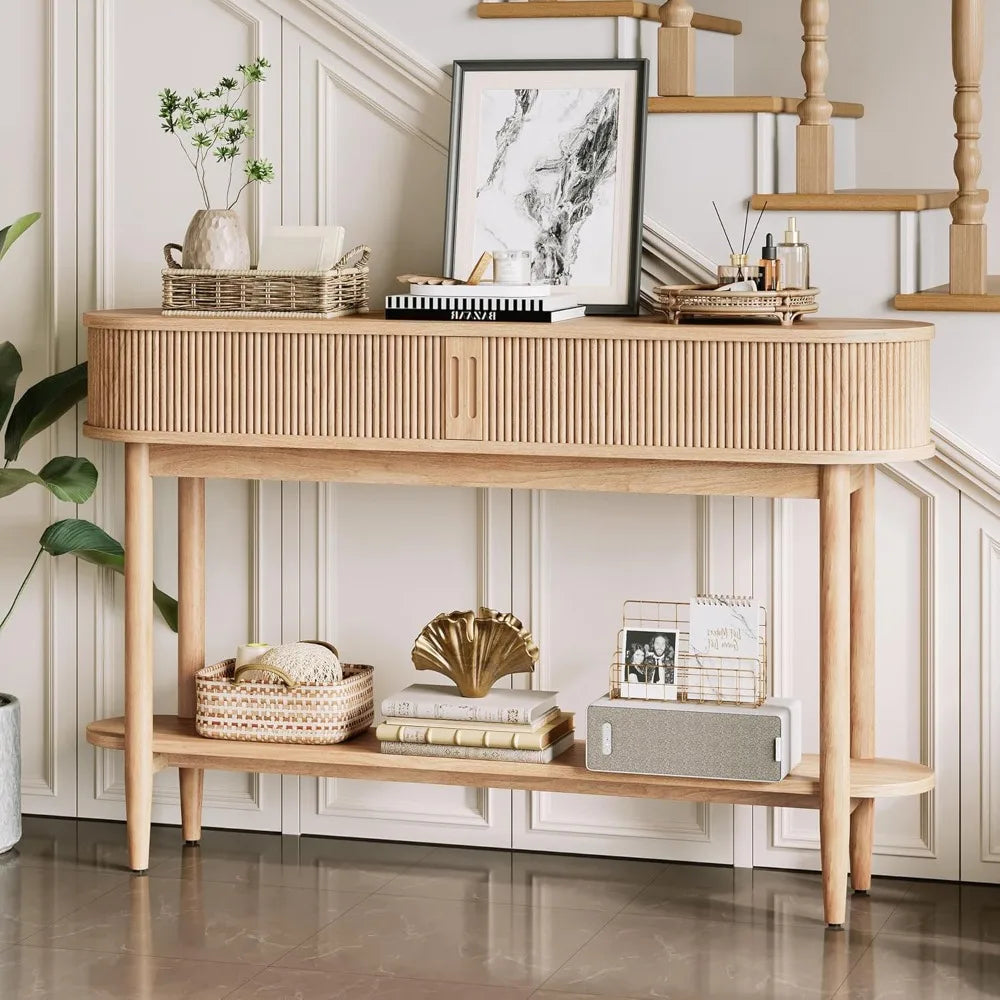 Fluted Console Table with Storage, Entryway Table Wood Entrance Tables for Front Door, Behind Couch Sofa Table with Shelves