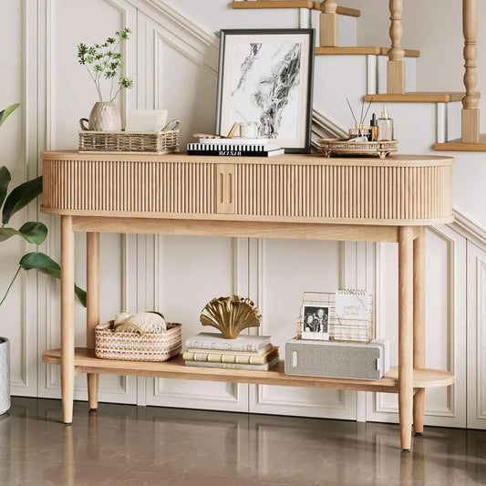 Fluted Console Table with Storage, Entryway Table Wood Entrance Tables for Front Door, Behind Couch Sofa Table with Shelves