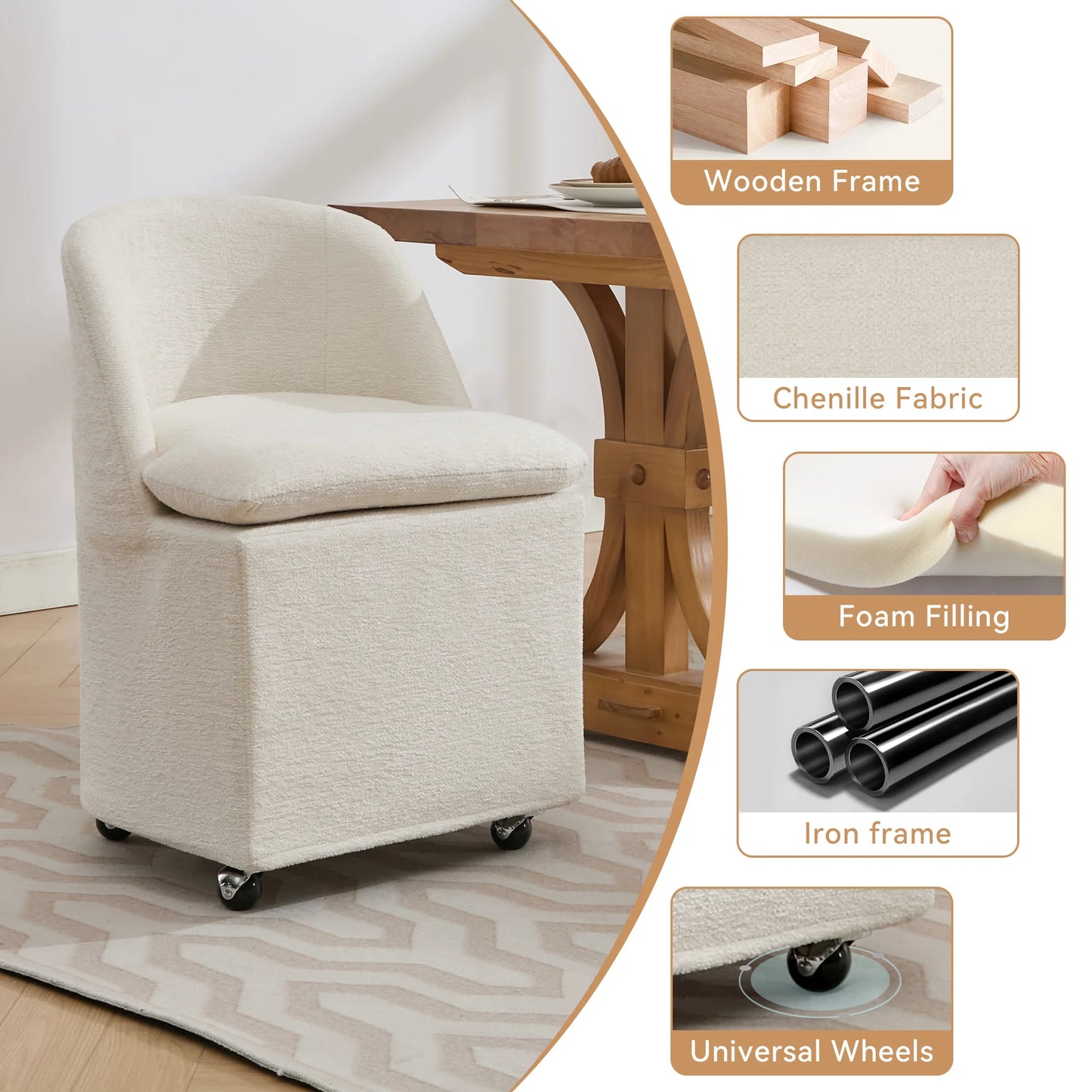 Set of 2 Chenille Fabric Dining Chairs With Universal Wheels