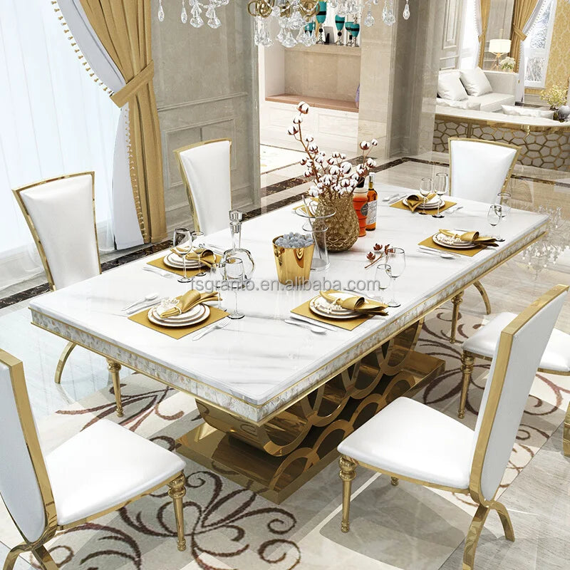 Classic Italian White Dining Sets Big Rectangular 8 Seater Leather Chairs Luxury Marble Dining Table Dining Room Furniture