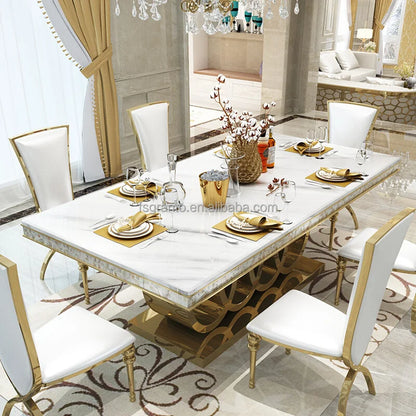 Classic Italian White Dining Sets Big Rectangular 8 Seater Leather Chairs Luxury Marble Dining Table Dining Room Furniture