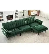 Sleeper Sofa Pullout Bed for Living Room.L Shaped Couch with Storage Chaise.USB.Cup Holder (Dark G