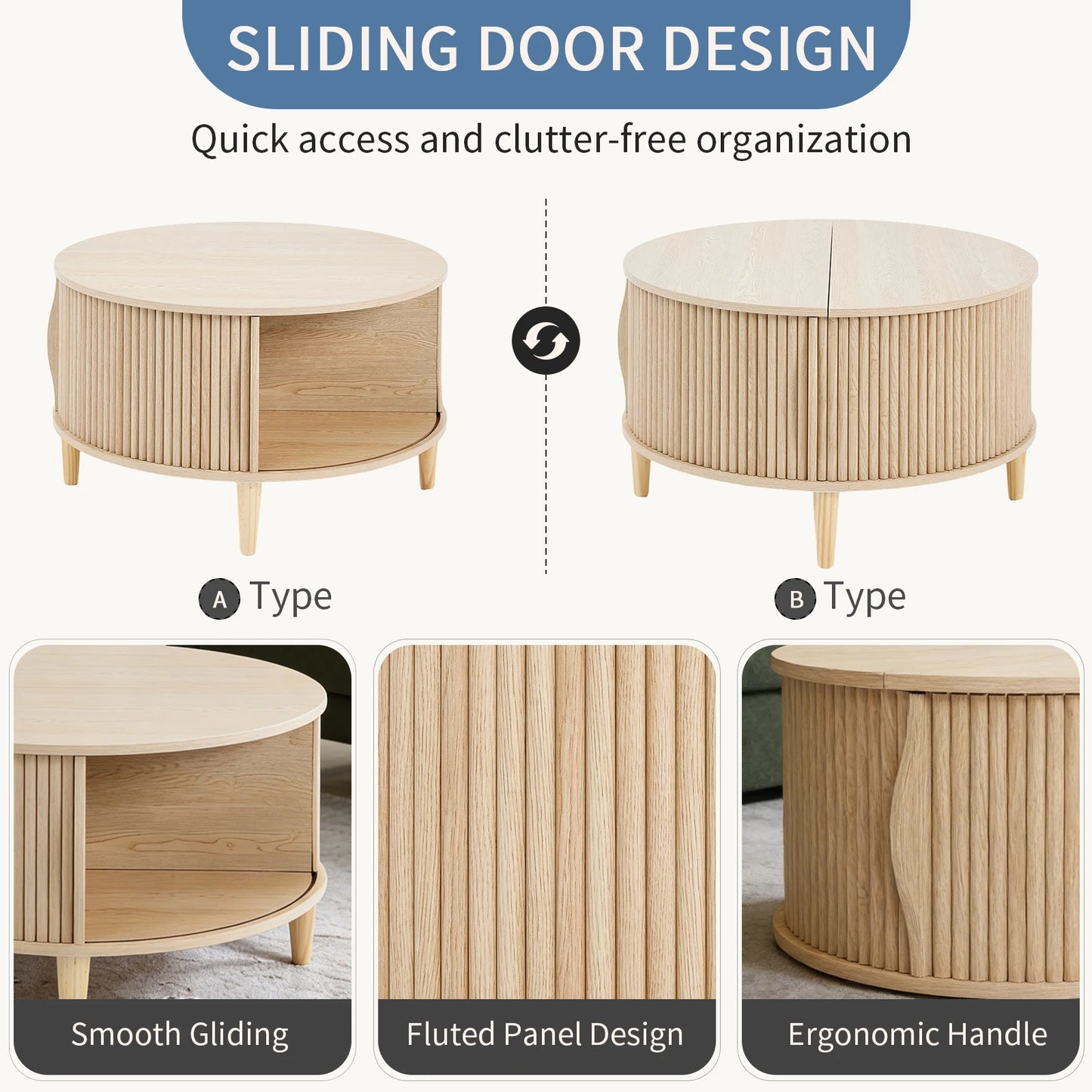 31IN Round Coffee Table with Flip-Top Storage Fluted Center Table 2-Tier Wood Desktop with Sliding Cabinet Door Living Room