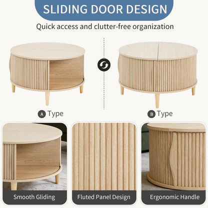 31IN Round Coffee Table with Flip-Top Storage Fluted Center Table 2-Tier Wood Desktop with Sliding Cabinet Door Living Room