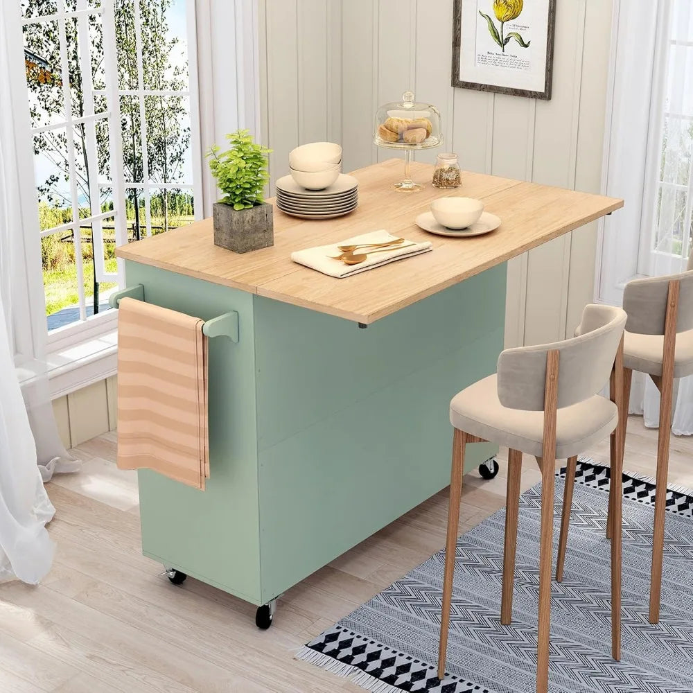 Sage Green Kitchen Island with Storage and Drop-Leaf Countertop on Wheels