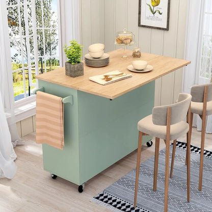 Sage Green Kitchen Island with Storage and Drop-Leaf Countertop on Wheels