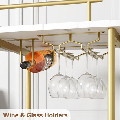 Gold Bar Carts with 4-Tiers Storage Shelves Mobile Bar Seving Carts On Wheels with Wine Rack and Glass Holder