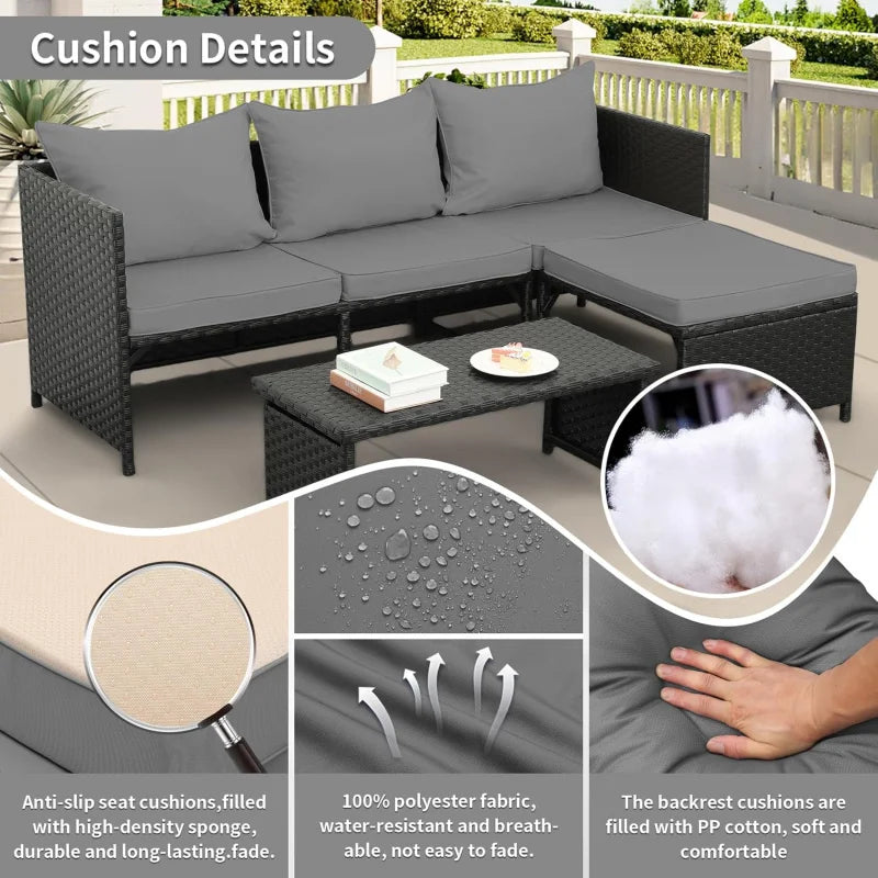 3-Piece Outdoor PE Rattan Furniture Set Patio Black Wicker Conversation Loveseat Sofa Sectional Couch Gray Cushion
