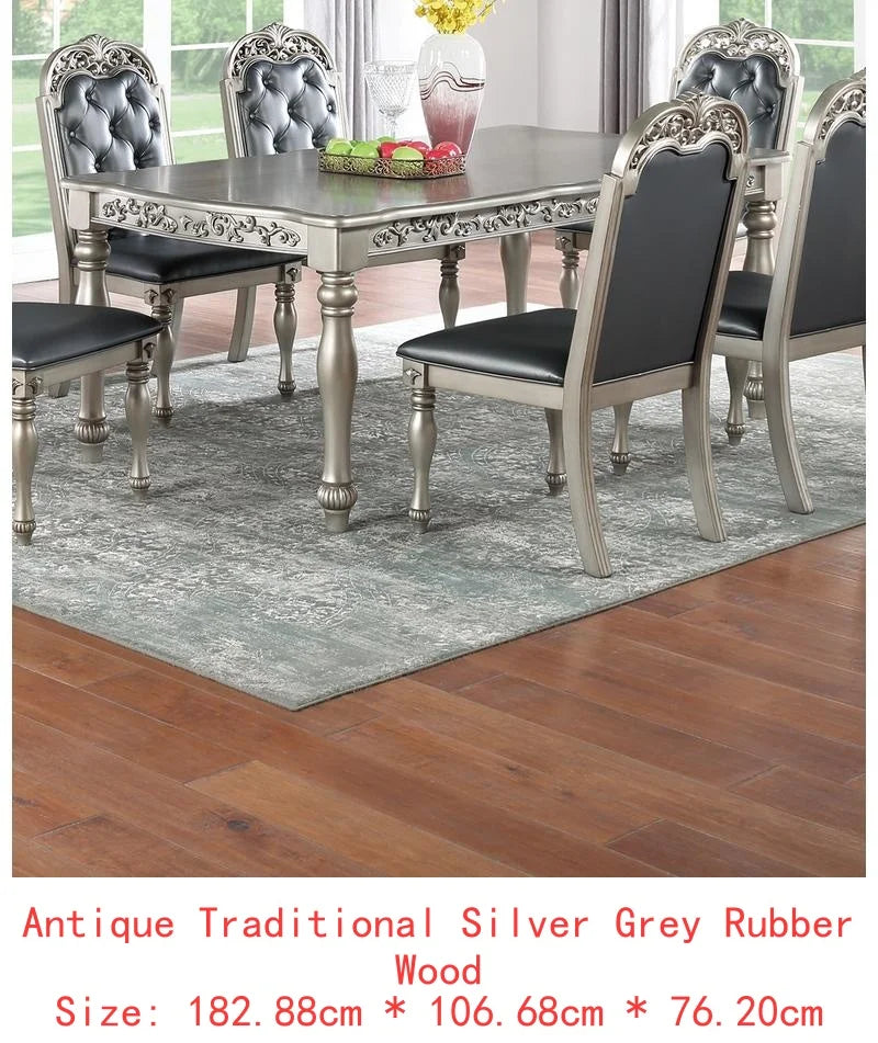 Formal 1pc Dining Table with 2 Leaves, Silver Grey Finish, Antique Design, Rubberwood, Large Family Dining Room Furniture