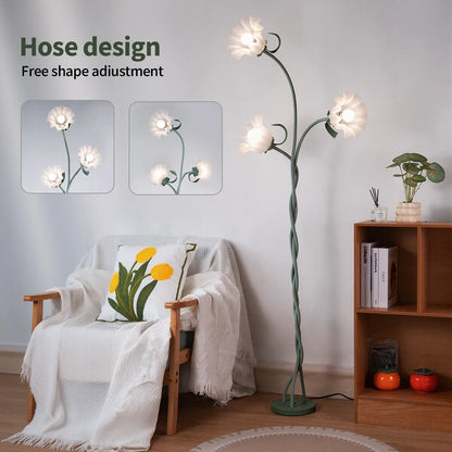 Retro 3-Head Flower Floor Lamp, Contains Bulb, 3-Color Dimmable, with Flexible Neck Shaft That Can Be Adjusted at Will
